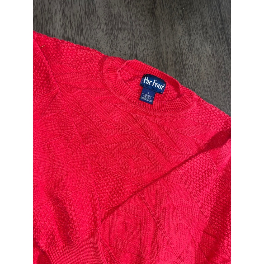 Par Four Mens Large Sweater Red Excellent Textured Knit Diamond Geometric USA‎